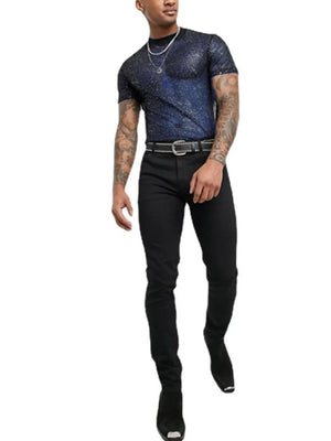 Navy glitter mesh mock neck tee with short sleeves.
