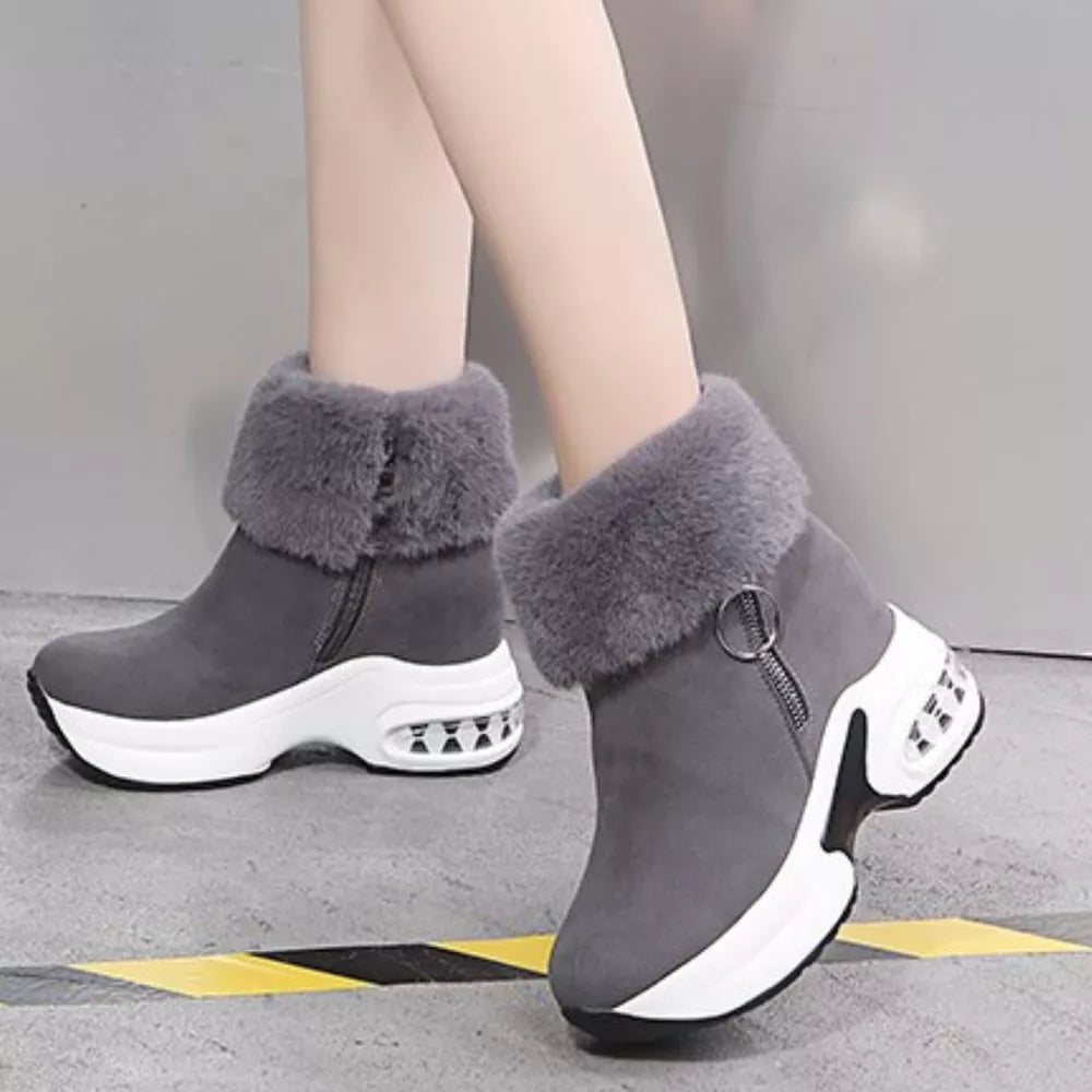 Gray plush side-zipper high heel ankle boots with air cushion sole and fur trim.