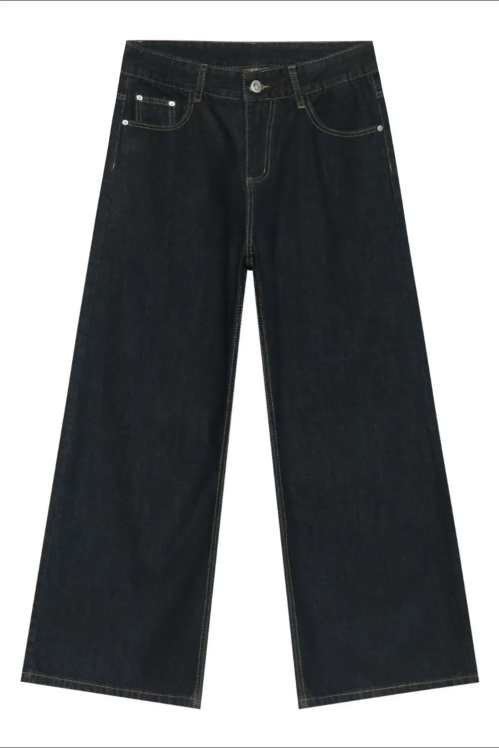 Dark denim exaggerated wide leg jeans with contrast stitching and a casual fit.