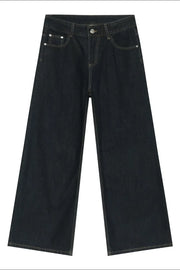 Dark denim exaggerated wide leg jeans with contrast stitching and a casual fit.