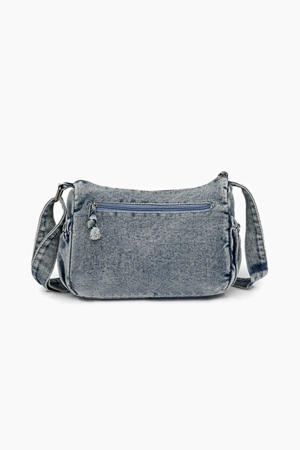 Acid wash denim crossbody bag with zipper detail and adjustable strap