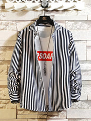 Men's Plus Size Striped Button Up Casual Shirt, model styling view