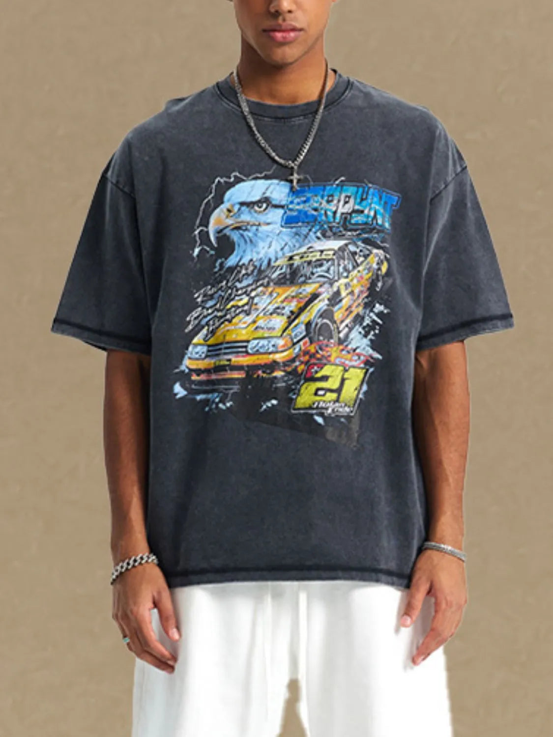 Black oversized tee with vintage race car and eagle graphic print