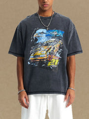 Black oversized tee with vintage race car and eagle graphic print
