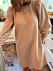 Braided puff sleeve dress in khaki, casual, comfortable fit for women.