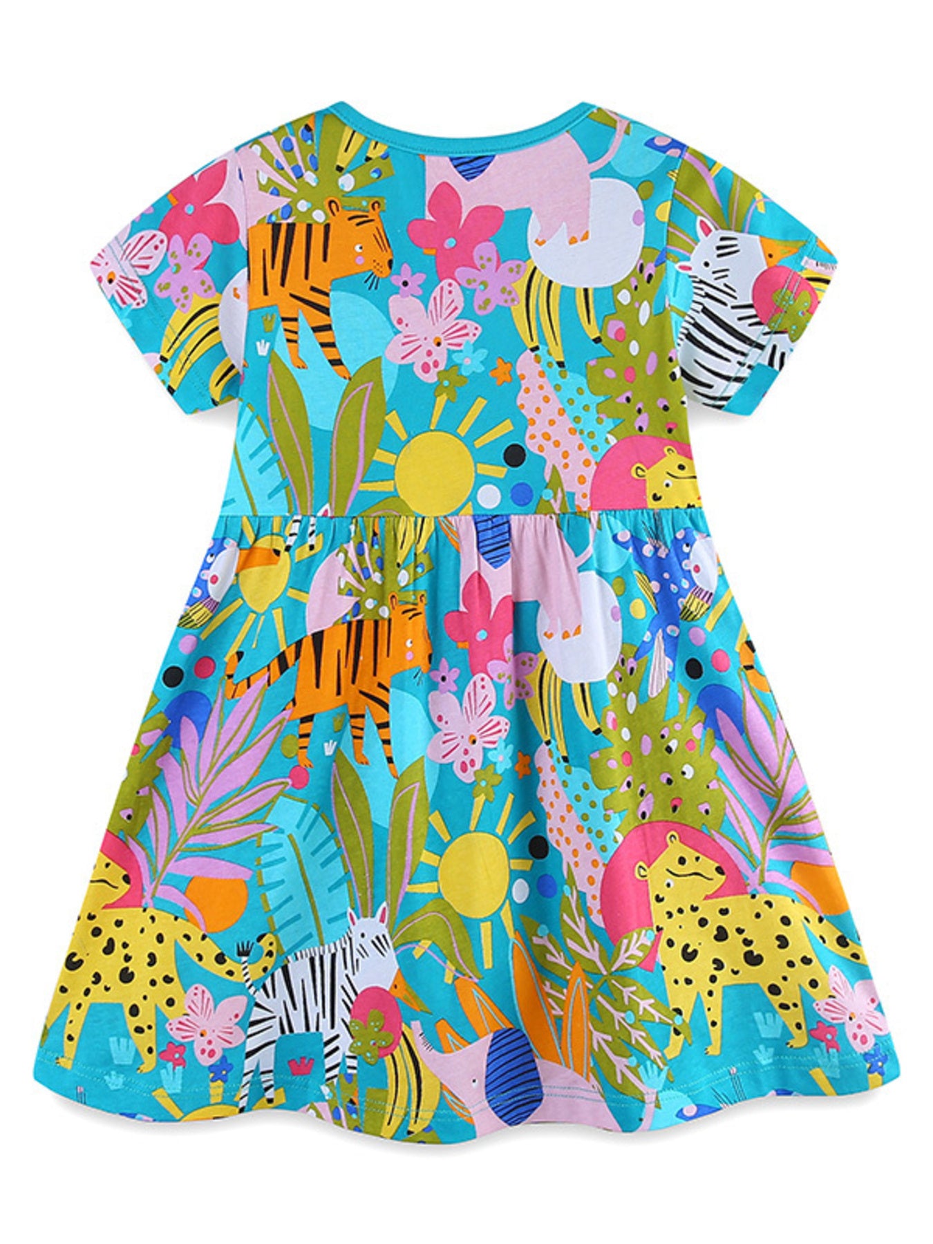 Toddler cotton dress with vibrant safari animal print, short sleeves, and round neckline.