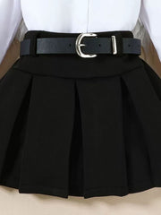 Toddler black pleated skirt with a black belted waist and silver buckle.