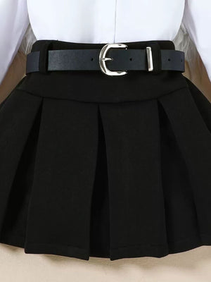 Toddler black pleated skirt with a black belted waist and silver buckle.