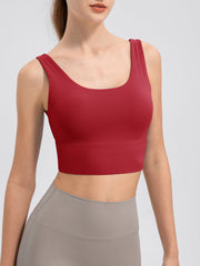 Red backless performance crop top with scoop neck and wide band