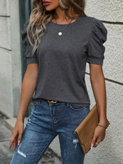 Dark gray jersey top with short puffed sleeves and a crew neckline.
