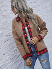 Taupe casual jacket with red and black plaid trim and collar, button front.