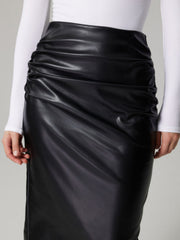 Black faux leather midi skirt with ruched detail
