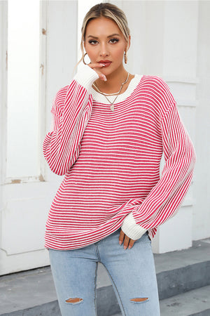 Nautical stripe ribbed knit crewneck sweater in deep rose and white, with crew neckline and long sleeves.