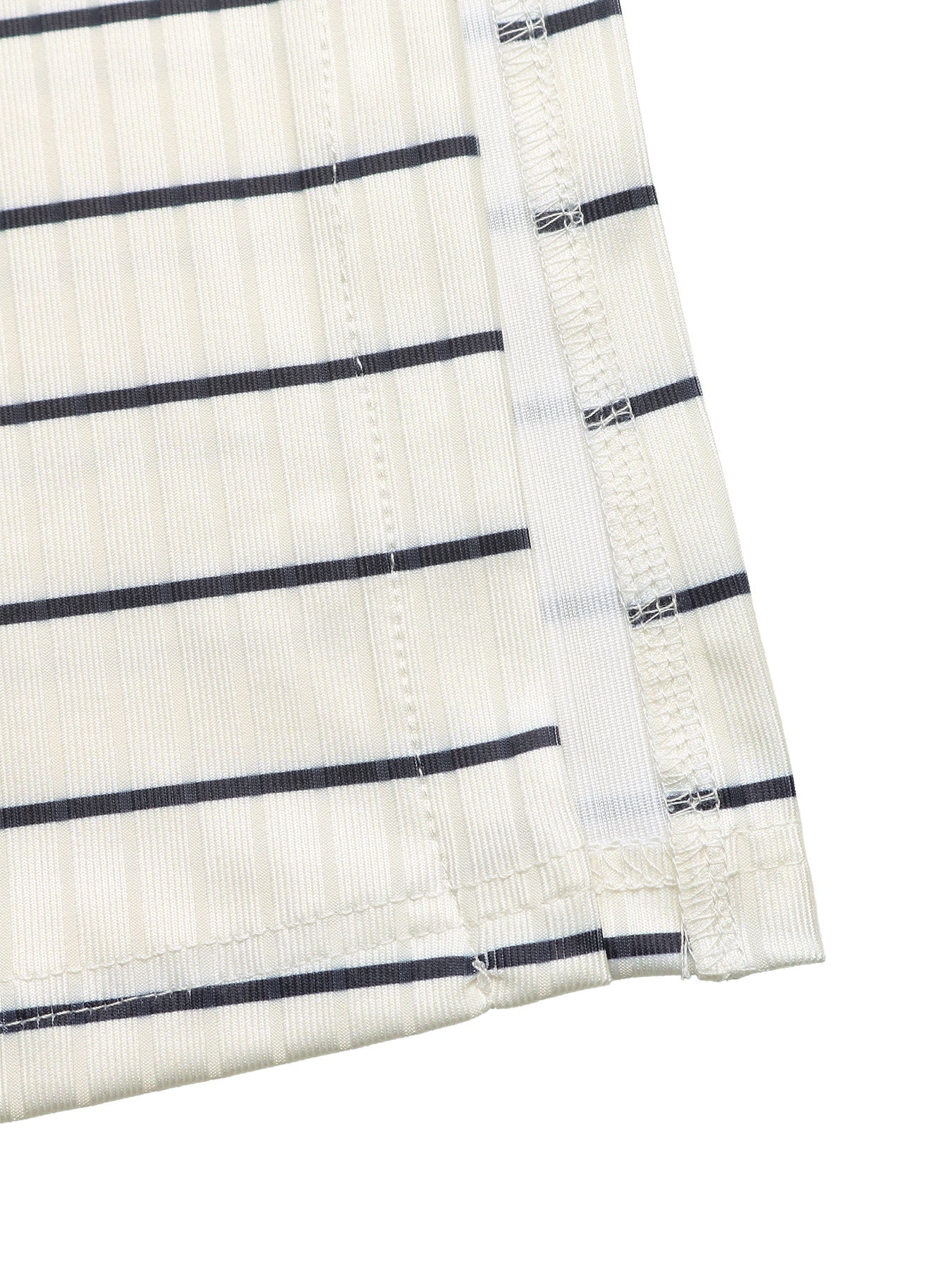 Sleeveless ribbed knit midi dress in cream with navy stripes, form-fitting.