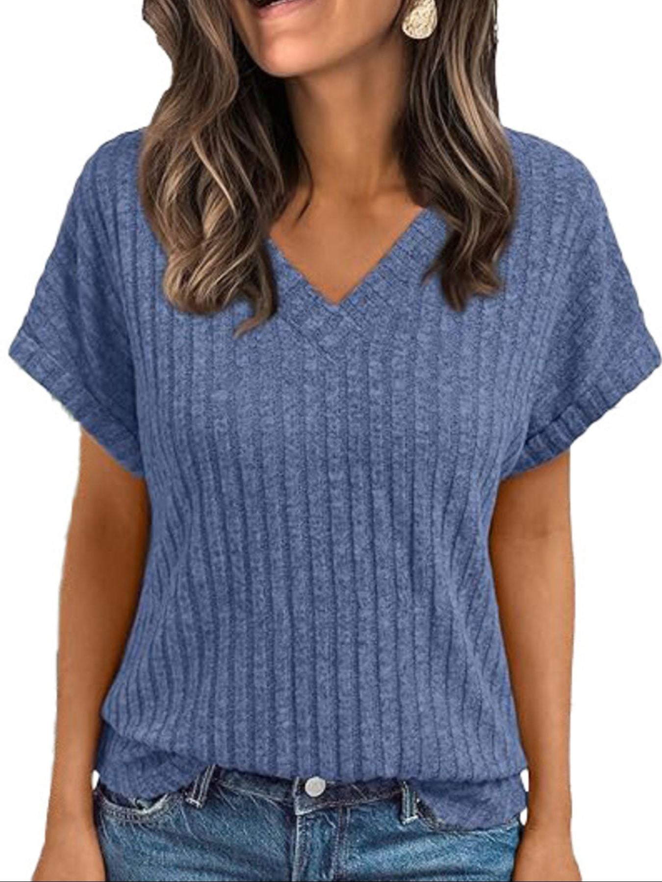 Blue ribbed V-neck t-shirt with short sleeves and a relaxed fit.