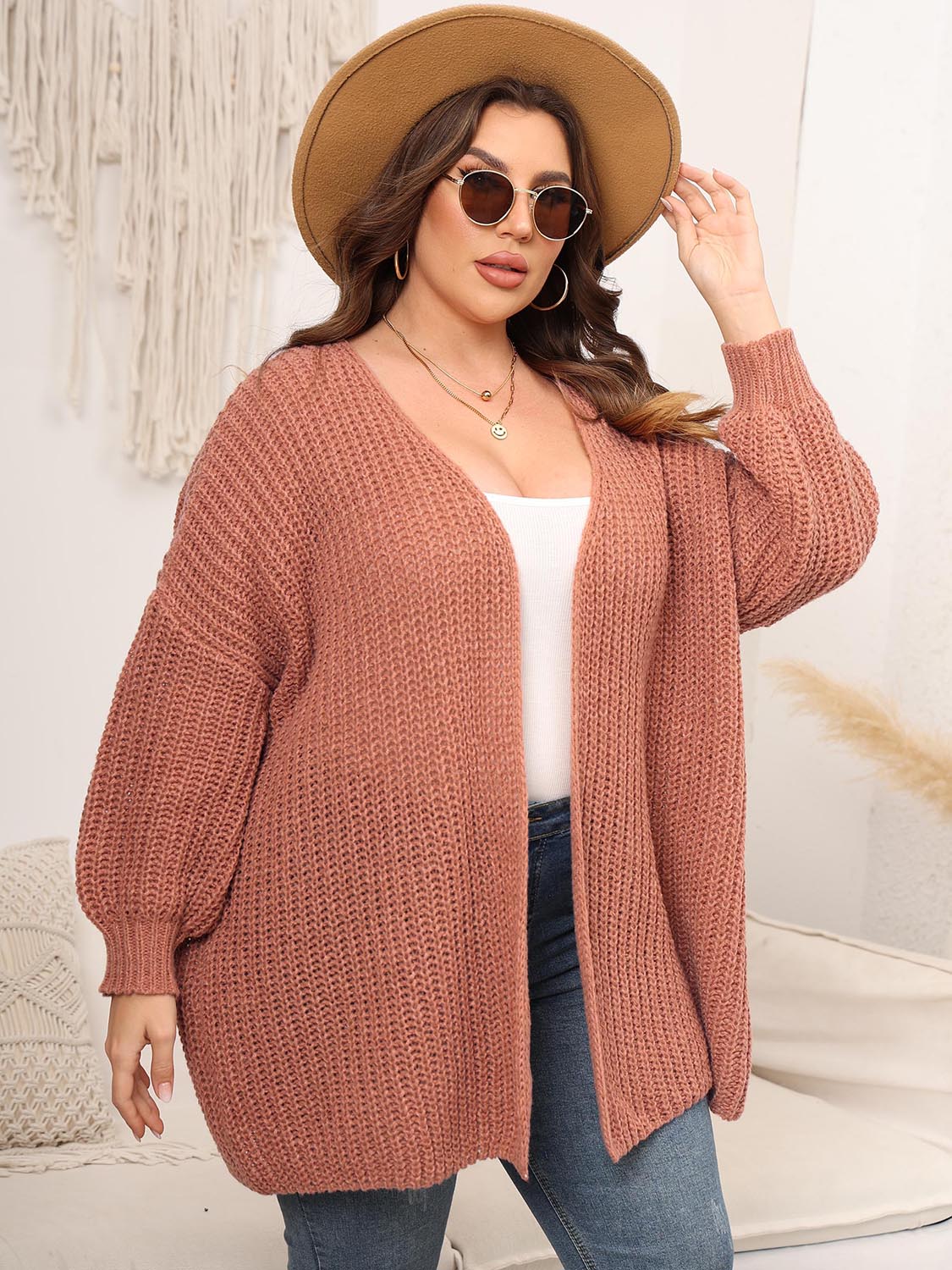 Chunky knit cardigan in coral with balloon sleeves and open front