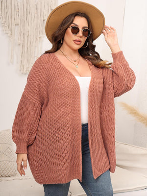 Chunky knit cardigan in coral with balloon sleeves and open front