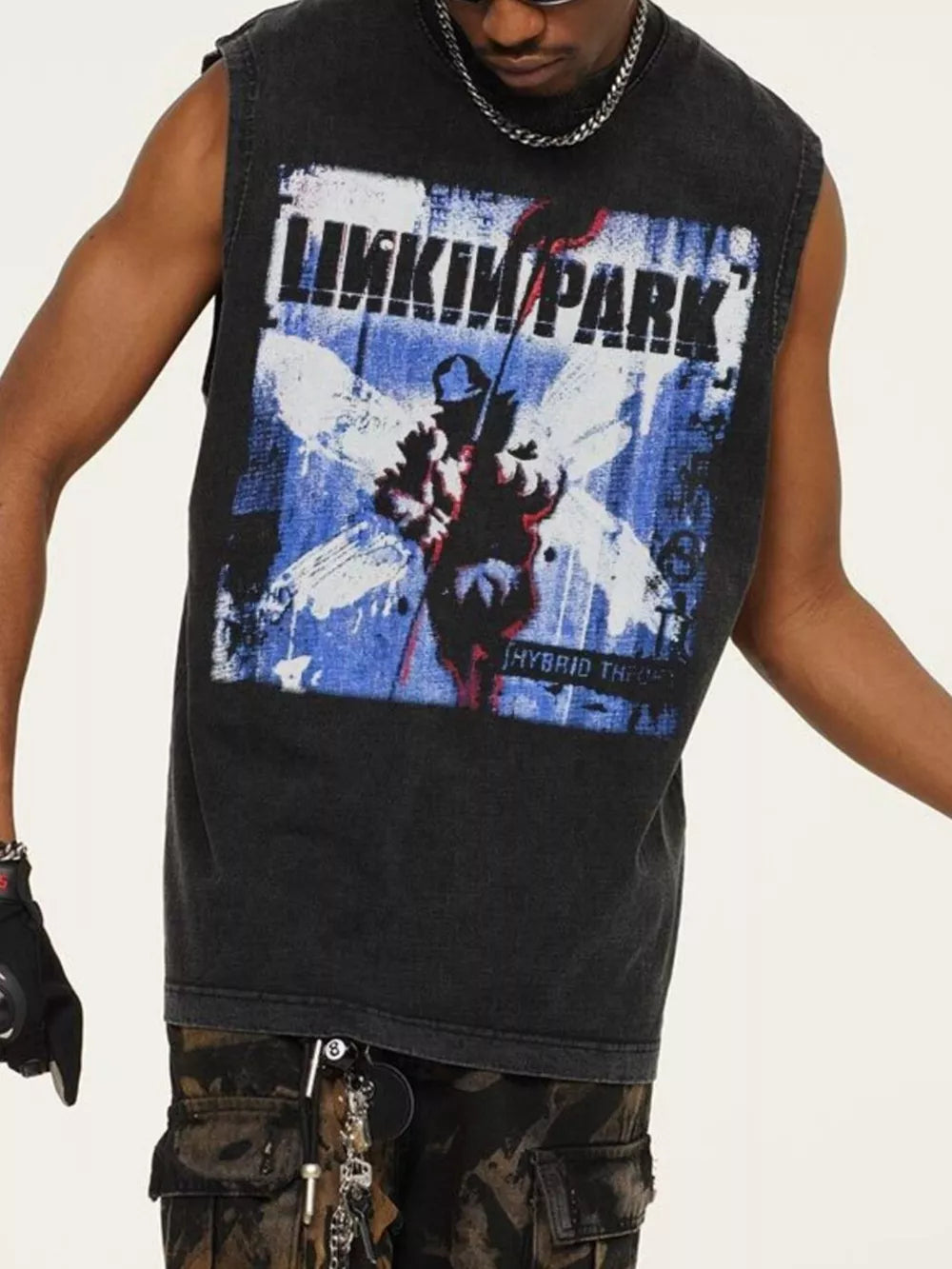 Dark gray distressed cotton crew neck tank top with Linkin Park Hybrid Theory graphic.