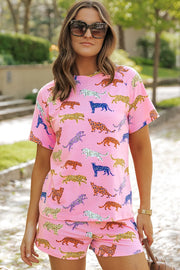 Pink leopard print loungewear set with crew neck t-shirt and shorts.