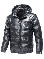 Men's reflective hooded puffer coat in dark gray with a shiny finish and elastic cuffs.