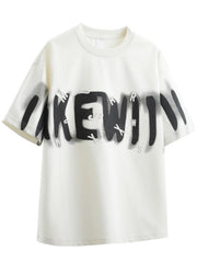 Men's oversized graphic t-shirt in white with black graffiti-style text and raised letters.