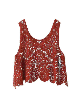 Terracotta lace overlay cropped vest with intricate floral pattern and scalloped hem.