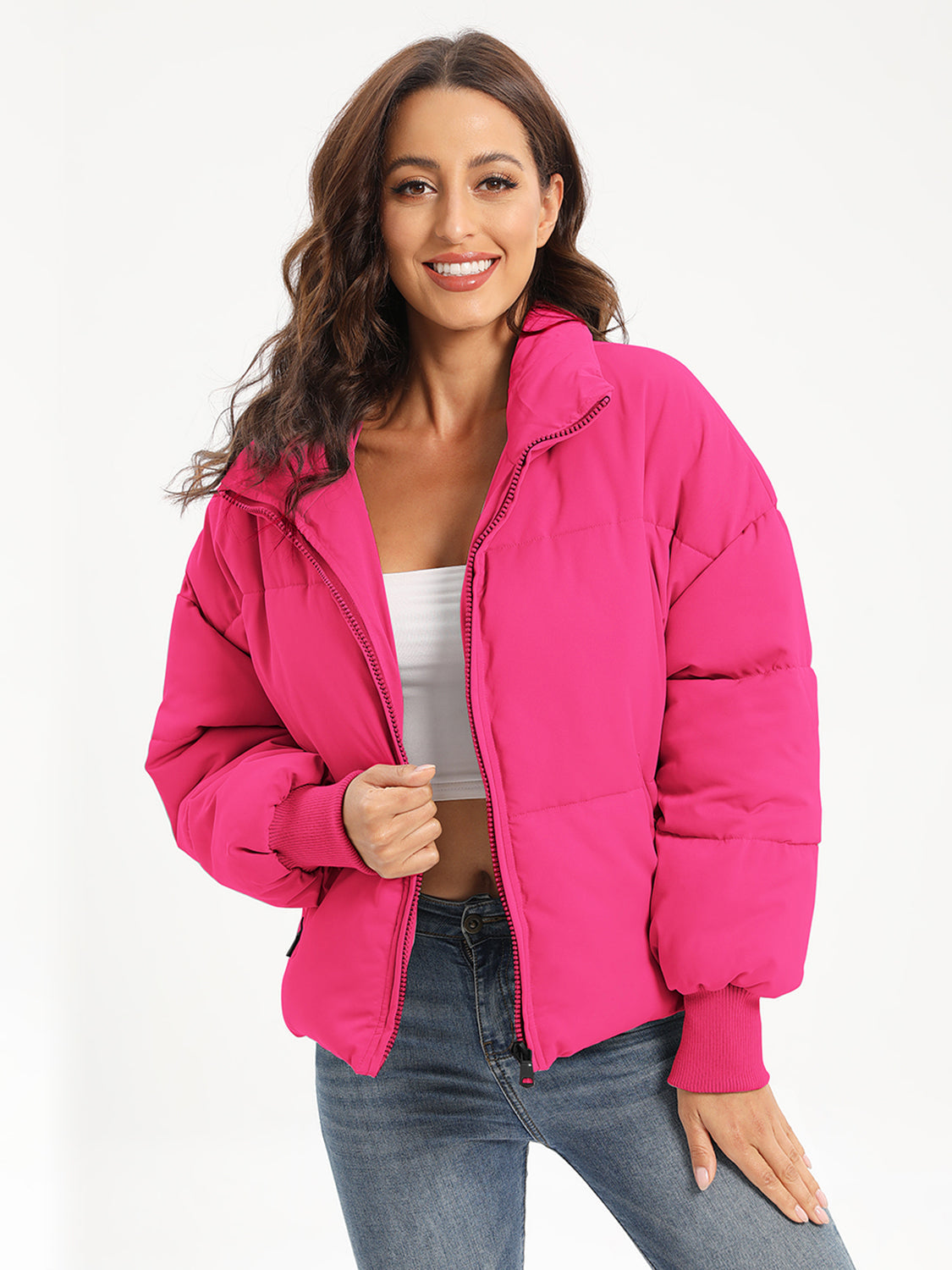 Padded bomber jacket in hot pink with ribbed cuffs and collar.