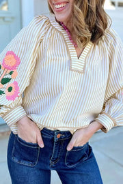 Embroidered Stripe V-neck Long Sleeve Shirt