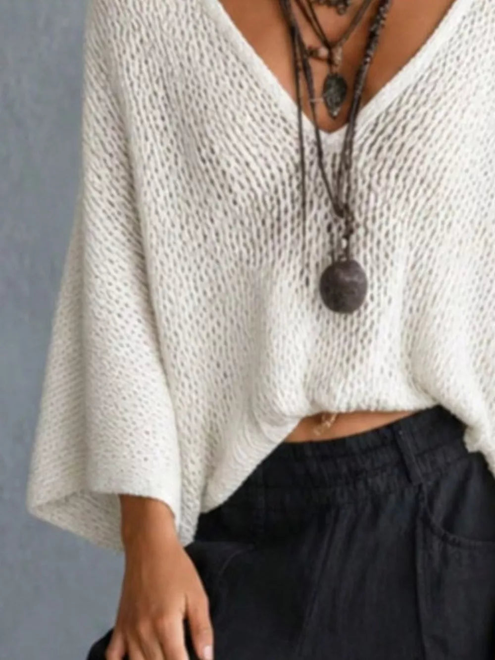 V-neck Batwing Sleeve Sweater in White, side view