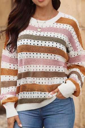 Openwork stripe crewneck sweater in acrylic with open knit details and a relaxed fit.