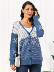 Dusty Blue Snowflake Jacquard Button-Down Cardigan with V-neck and long sleeves.