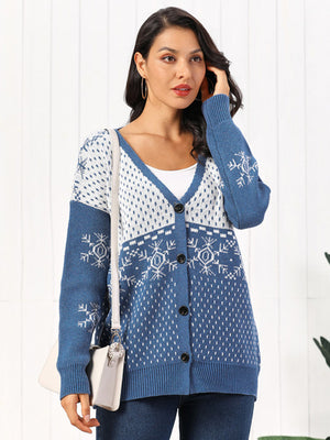 Dusty Blue Snowflake Jacquard Button-Down Cardigan with V-neck and long sleeves.