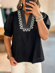 Black embroidered notched puff sleeve maternity overshirt with V-neck and cuffed hem.