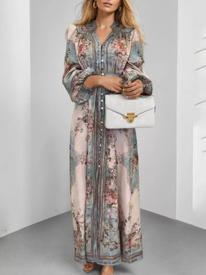 light blue maxi dress featuring buttoned and floral