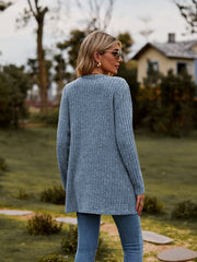 Longline ribbed knit button-down cardigan in Dusty Blue, shown from the back.