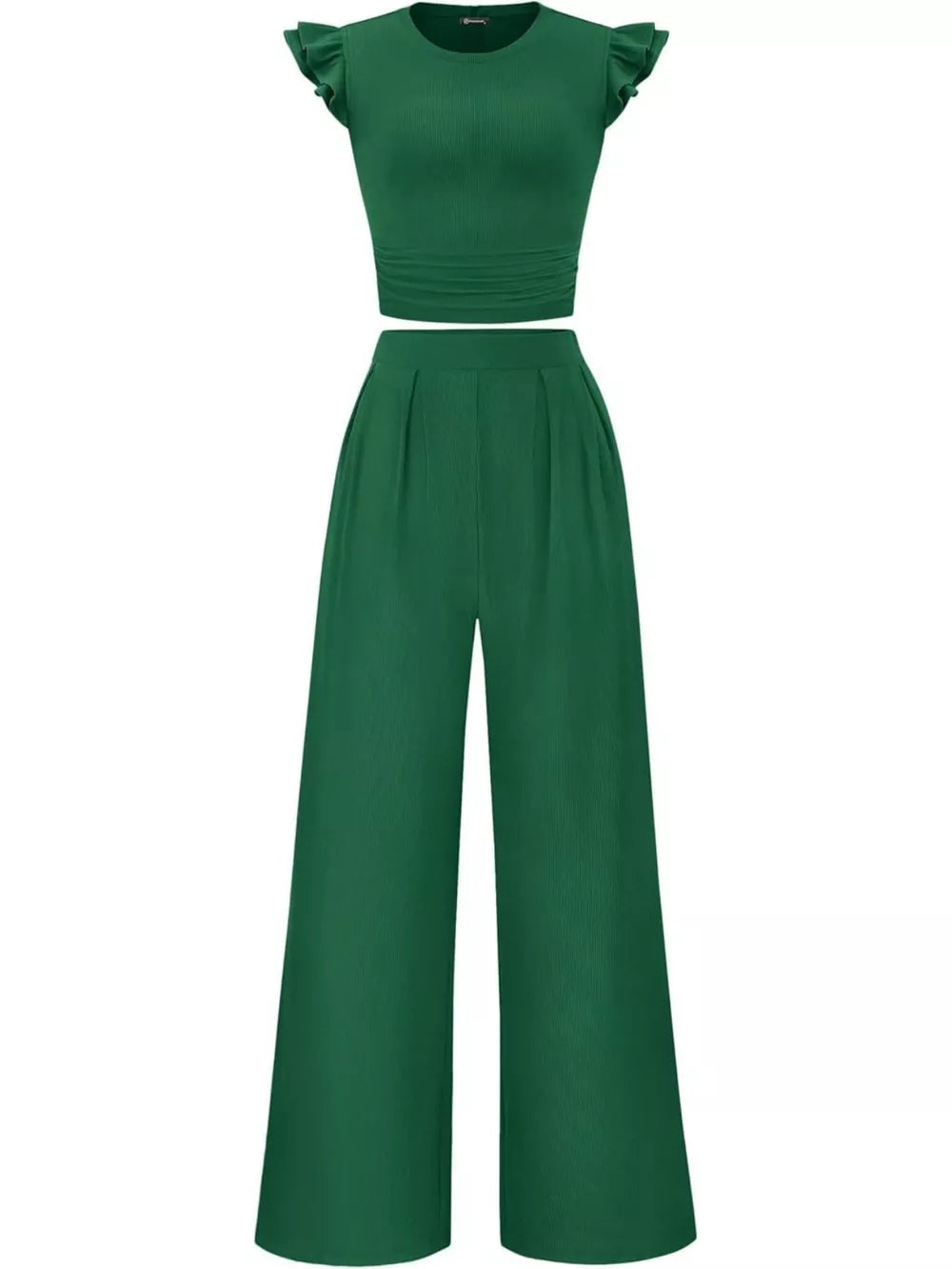 Green ruffled cap sleeve maternity top with ruched waist and wide leg pants.