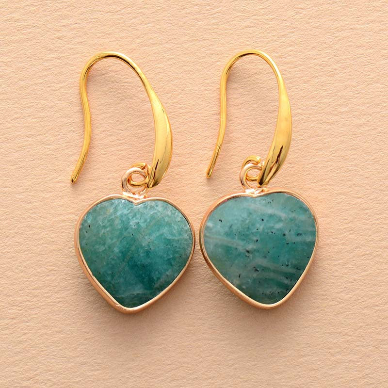 Amazonite heart drop earrings in aqua with gold-tone hooks.