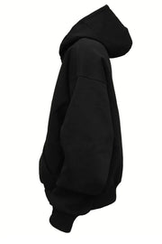 Black oversized slouch hoodie with kangaroo pocket and drawstring hood.