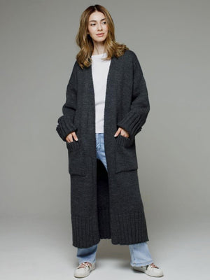 Dark gray ribbed maxi cardigan with pockets and ribbed trim details.