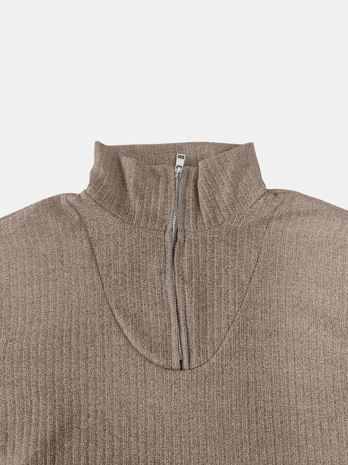 Ribbed knit quarter-zip pullover sweater in taupe with a mock neck and silver zipper detail.
