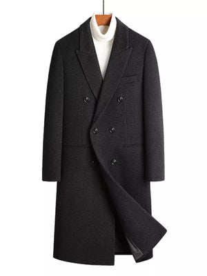 Dark gray wool blend double-breasted overcoat with a classic silhouette and notched lapels.