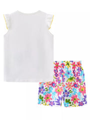 Toddler girls white cotton set with floral print shorts and ruffled yellow trim sleeves.