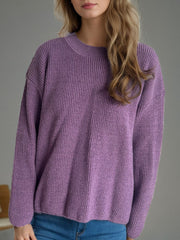 Textured ribbed knit oversized sweater in mauve with crew neck and long sleeves.
