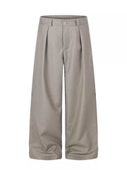 Khaki wide-leg casual pants with belt loops and pleats.