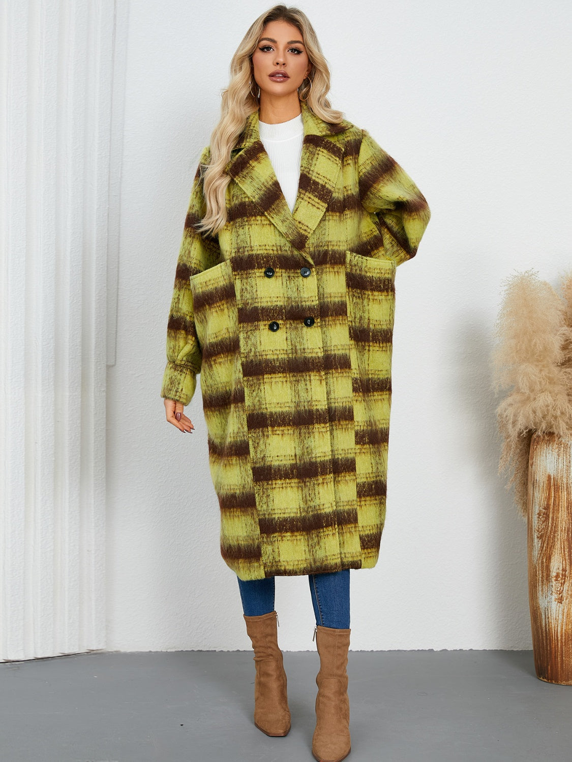 Checked plaid oversized cocoon coat in lime with brown stripes, double-breasted, notched lapel, and large front pockets.