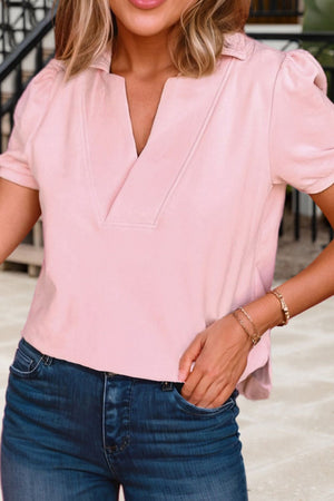 Blush pink V-neck collar tee with short puff sleeves and a casual fit.