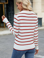 Polo-neck knit top with red Breton stripes and ribbed cuffs.