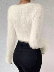 White fluffy V-neck knit sweater with long sleeves and a cropped fit.