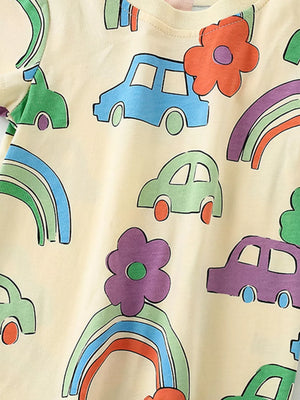 Baby T-shirt in cream cotton with a playful cartoon car and rainbow print.