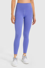 Periwinkle high-waist ankle-length performance leggings with a seamless front.